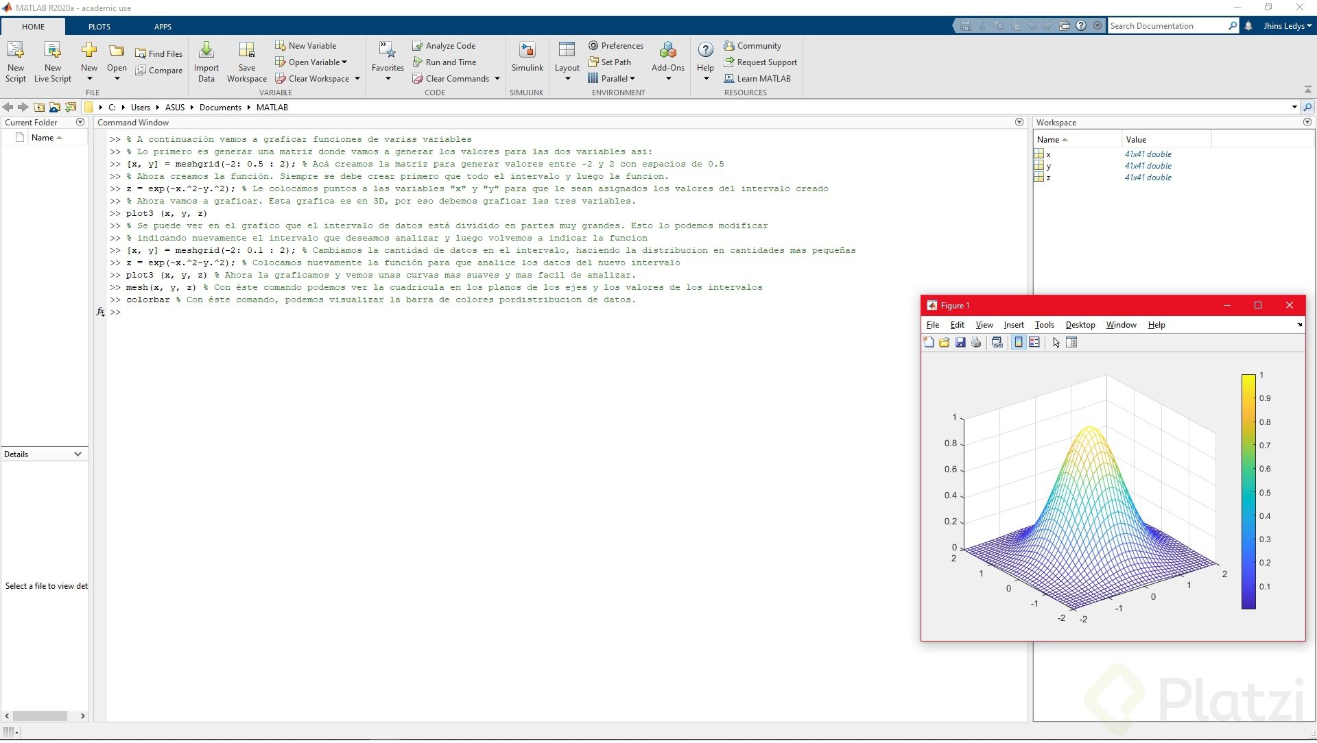 Graficación en funciones de varias variables en Matlab Platzi